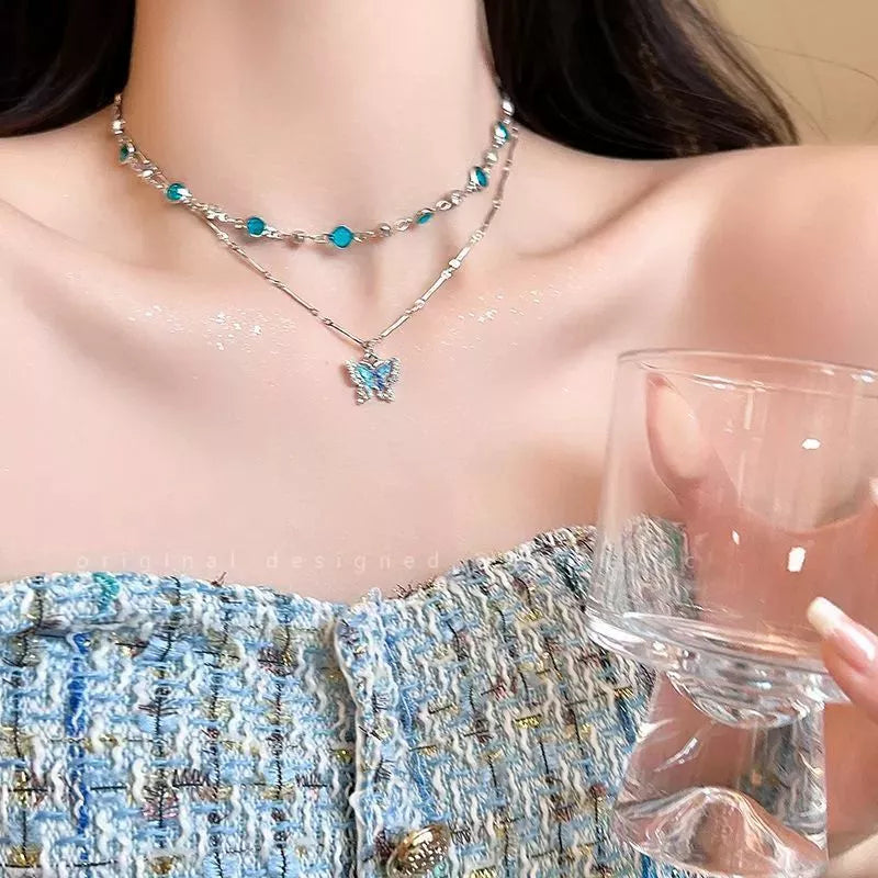 2 cor oceano Original verão legal sentimento borboleta colar acessórios feminino luz luxo nicho clavícula corrente colar