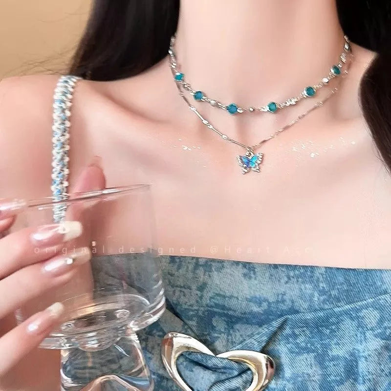2 cor oceano Original verão legal sentimento borboleta colar acessórios feminino luz luxo nicho clavícula corrente colar