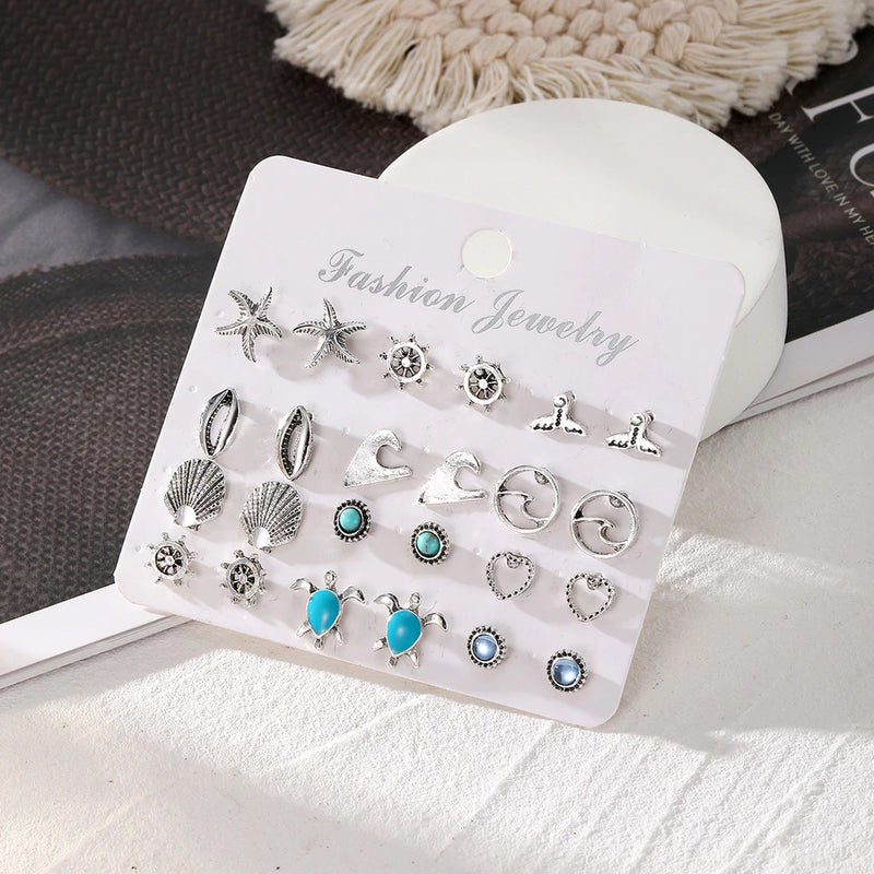 Conjunto De Brincos De Concha De Estrela Do Mar De Tartaruga 24 Peças Joias Boêmias Vintage Oceano