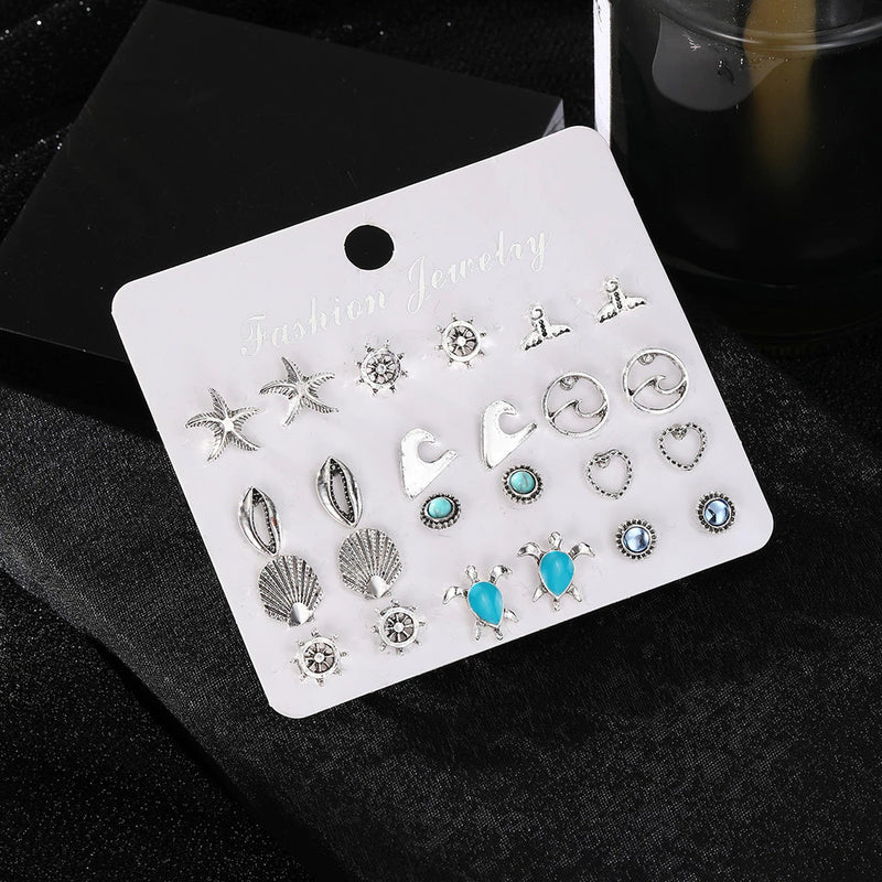 Conjunto De Brincos De Concha De Estrela Do Mar De Tartaruga 24 Peças Joias Boêmias Vintage Oceano