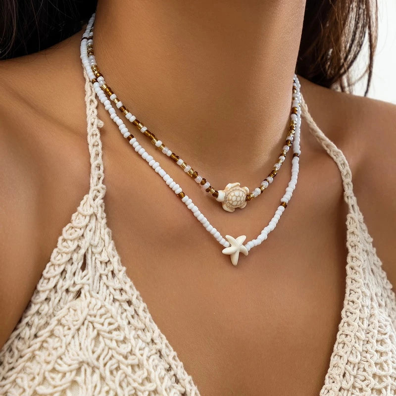 Conjunto De 2 Peças De Colar De Estrela Do Mar E Tartaruga Gmai , Corrente De Clavícula De Praia Elegante Para Presentes