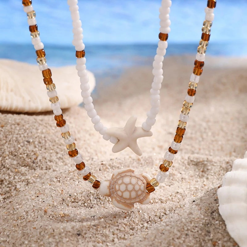Conjunto De 2 Peças De Colar De Estrela Do Mar E Tartaruga Gmai , Corrente De Clavícula De Praia Elegante Para Presentes