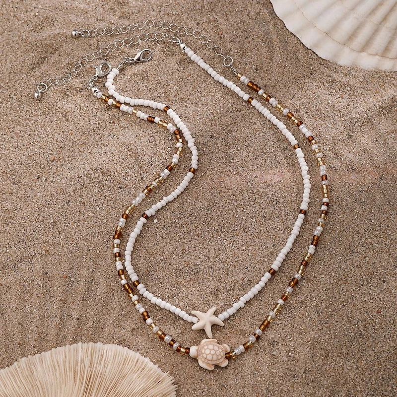 Conjunto De 2 Peças De Colar De Estrela Do Mar E Tartaruga Gmai , Corrente De Clavícula De Praia Elegante Para Presentes