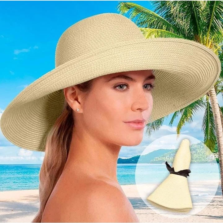 Chapéu Feminino Praia Sol Aba Larga Palha Flexível Moda Verão