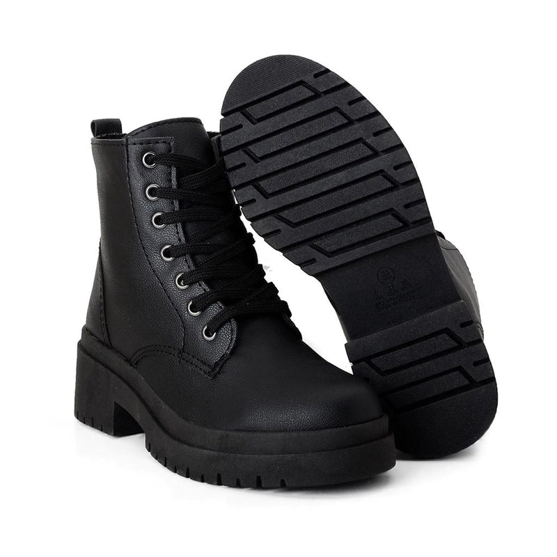 Bota Preta Feminina Botinha Coturno Salto Baixo Cano Curto Tratorada