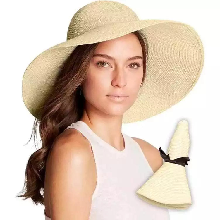 Chapéu Feminino Praia Sol Aba Larga Palha Flexível Moda Verão