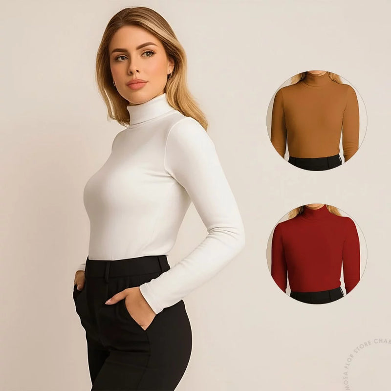Kit 3 Blusas Cacharrel Lisa Feminina Gola Alta Manga Longa Suplex
