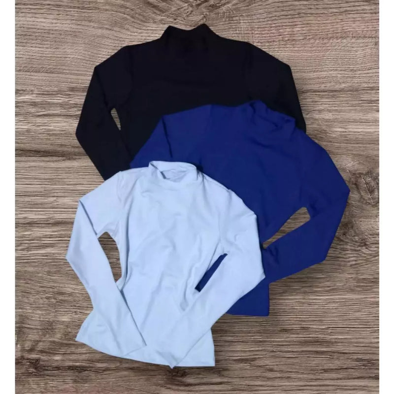 Kit 3 Blusas Cacharrel Lisa Feminina Gola Alta Manga Longa Suplex