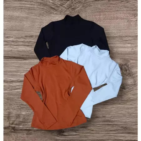 Kit 3 Blusas Cacharrel Lisa Feminina Gola Alta Manga Longa Suplex