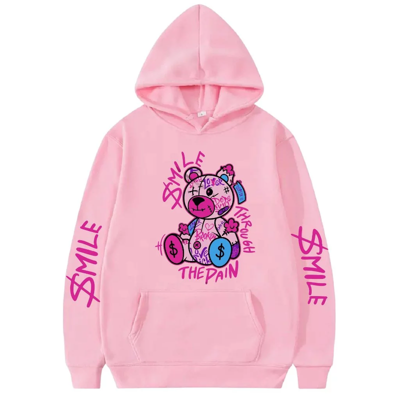 Blusa Moletom Canguru Capuz E Bolso Flanelado Unissex Streetwear Feminino urso Smile Tumblr manga moda