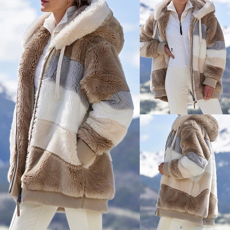 Nova Jaqueta Feminina Com Capuz De Pelúcia Multicolorida Para Outono/Inverno