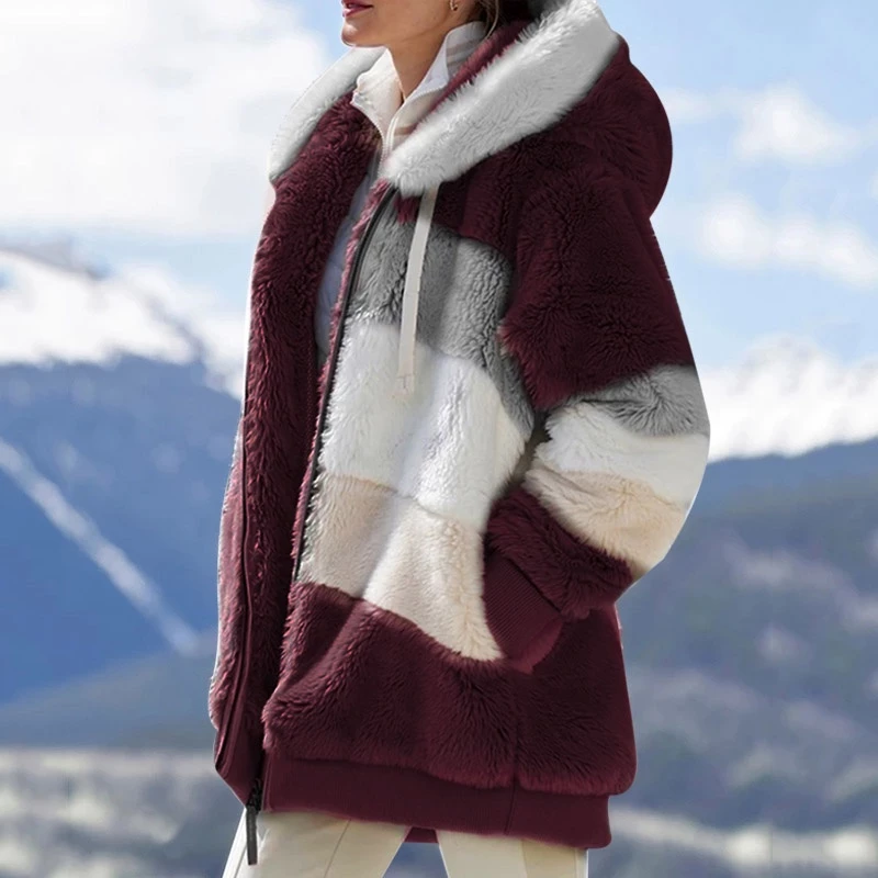 Nova Jaqueta Feminina Com Capuz De Pelúcia Multicolorida Para Outono/Inverno