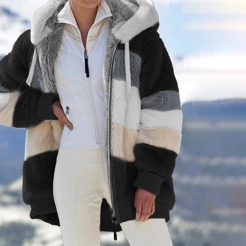 Nova Jaqueta Feminina Com Capuz De Pelúcia Multicolorida Para Outono/Inverno