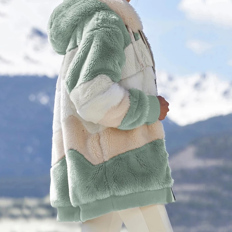Nova Jaqueta Feminina Com Capuz De Pelúcia Multicolorida Para Outono/Inverno