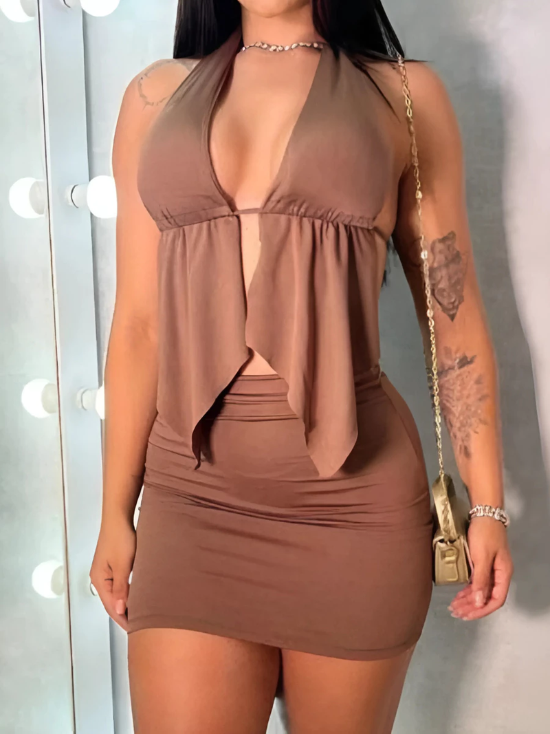 Conjunto Feminino Cropped Frente Única Com Babado + Saia Tubinho Tendência Gringa Verão 2025 Estilo Boho Chique