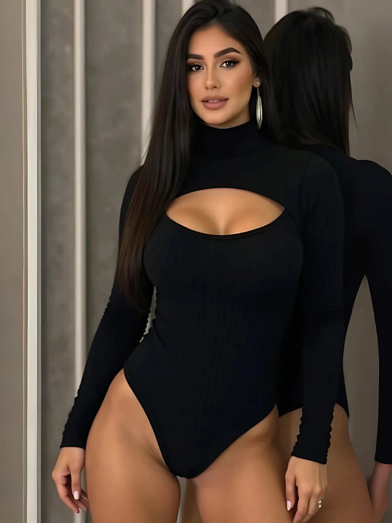 Body Feminino Com Gola Alta Manga Comprida Decote Frontal Look Sofisticado