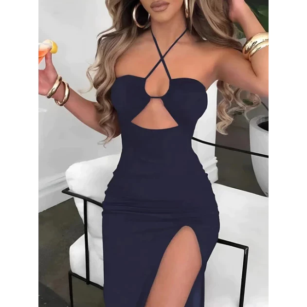 Vestido Midi Feminino Com Fenda Lateral E Decote Cruzado Caimento Perfeito