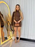 Vestido Curto Feminino Manga Única Fake Lateral Moda Tendência Estilo Gringa Versátil Sofisticado