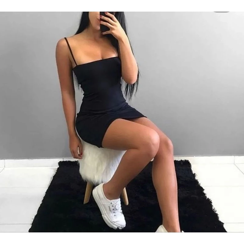 Vestido Verão Tubinho Alcinha Decote Reto com Bojo Em Suplex