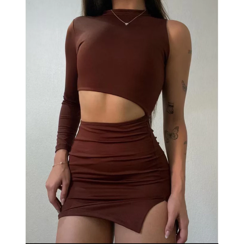Vestido feminino com recorte na cintura moda gringa roupa feminina manga única