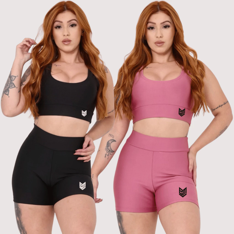 Kit 2 Conjuntos Feminino Academia Short + Top Fitness Cintura Alta Treino Corrida Ciclismo