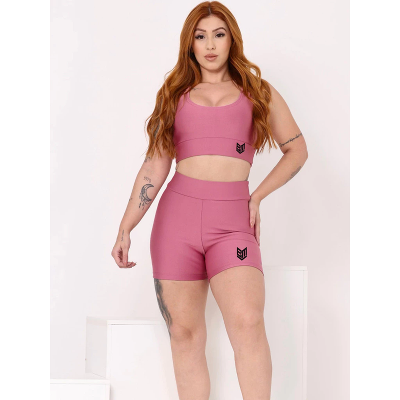 Kit 2 Conjuntos Feminino Academia Short + Top Fitness Cintura Alta Treino Corrida Ciclismo