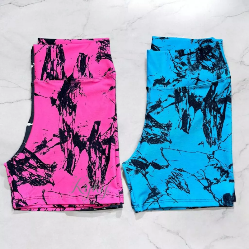 Kit 2 Shorts Fitness Marmorizado Roupa Academia Cintura Alta Feminino Tie Dye Zero Transparencia