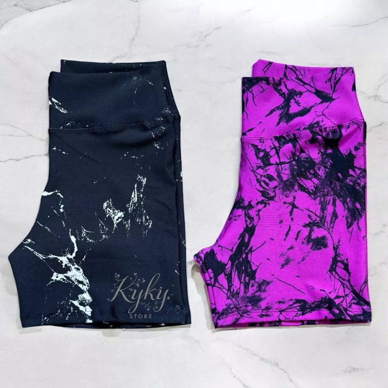 Kit 2 Shorts Fitness Marmorizado Roupa Academia Cintura Alta Feminino Tie Dye Zero Transparencia