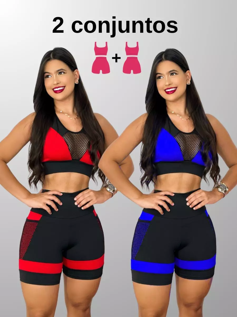 Kit 2 Conjuntos Femininos Fitness Academia Top e Short Cintura Alta com Bolso