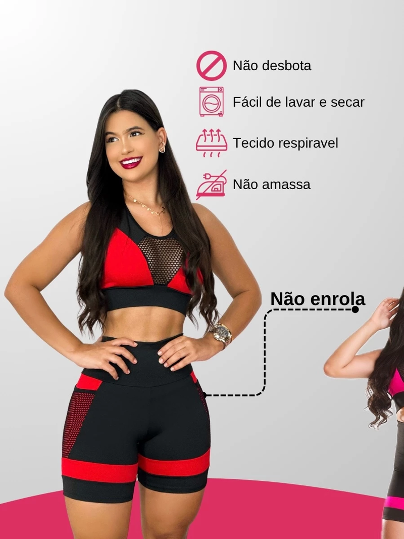 Kit 2 Conjuntos Femininos Fitness Academia Top e Short Cintura Alta com Bolso