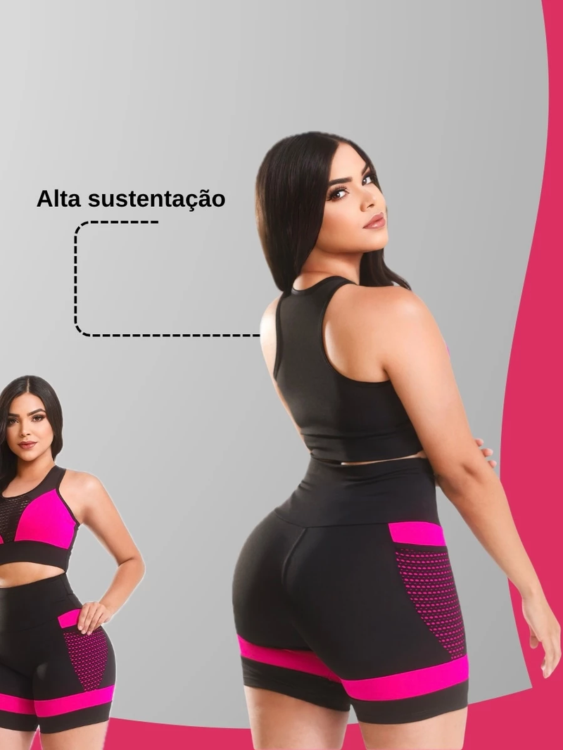 Kit 2 Conjuntos Femininos Fitness Academia Top e Short Cintura Alta com Bolso