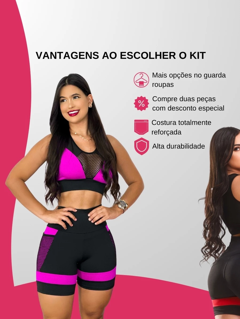 Kit 2 Conjuntos Femininos Fitness Academia Top e Short Cintura Alta com Bolso