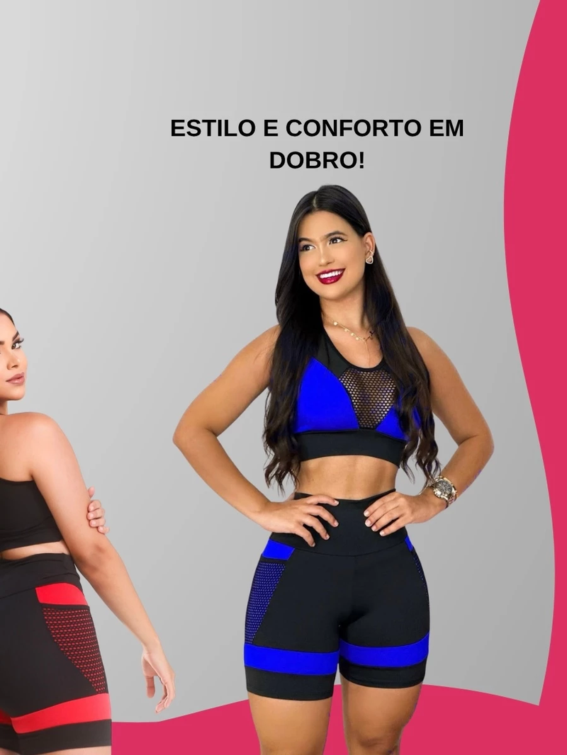 Kit 2 Conjuntos Femininos Fitness Academia Top e Short Cintura Alta com Bolso