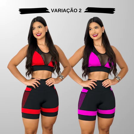 Kit 2 Conjuntos Femininos Fitness Academia Top e Short Cintura Alta com Bolso