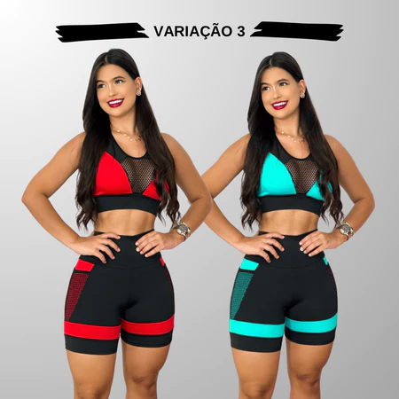 Kit 2 Conjuntos Femininos Fitness Academia Top e Short Cintura Alta com Bolso