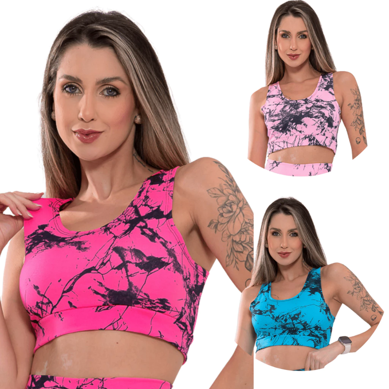 Kit 3 Top Feminino Marmorizado Sem Bojo para Treino e Academia