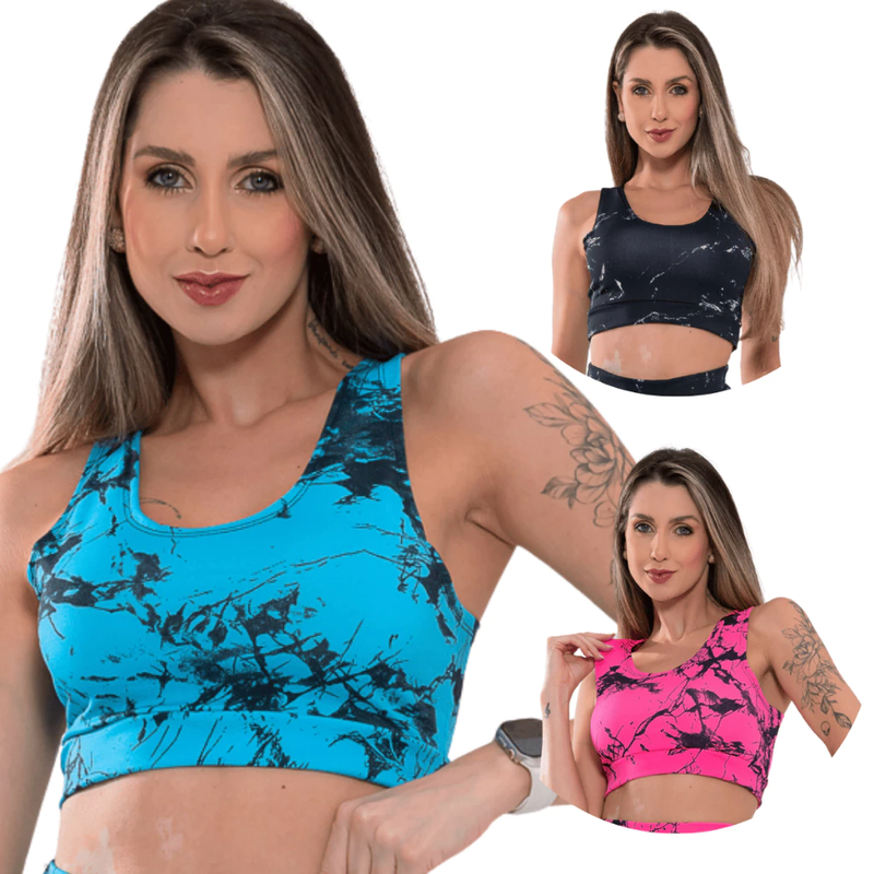 Kit 3 Top Feminino Marmorizado Sem Bojo para Treino e Academia