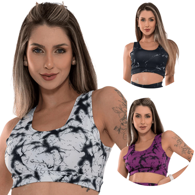 Kit 3 Top Feminino Marmorizado Sem Bojo para Treino e Academia