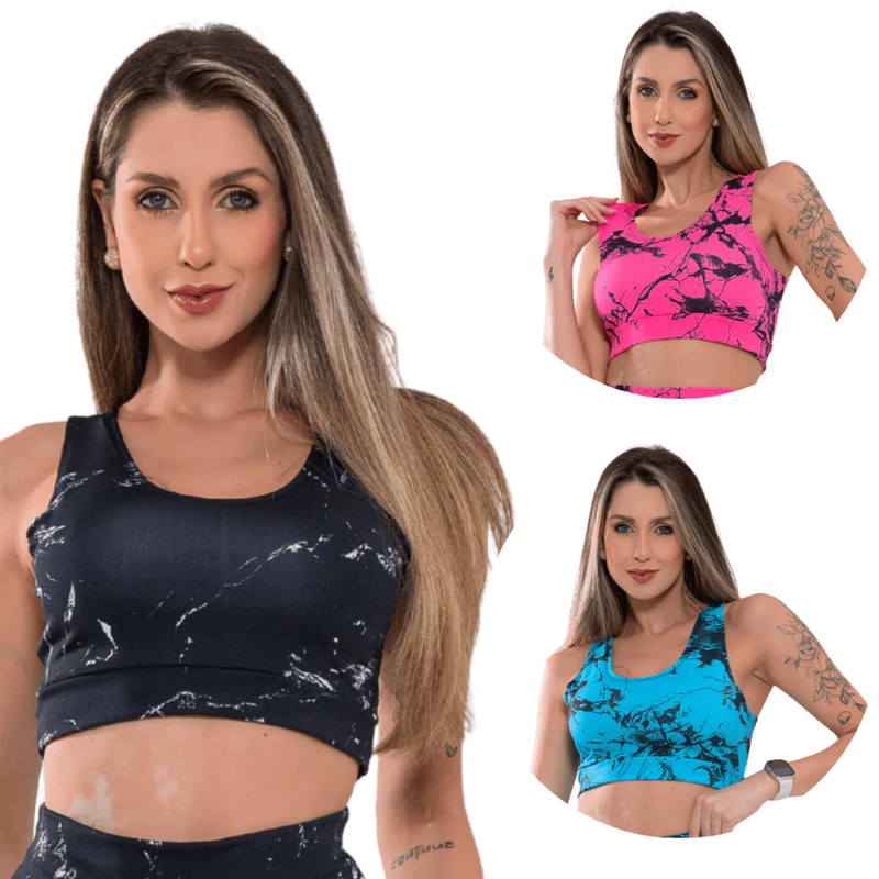 Kit 3 Top Feminino Marmorizado Sem Bojo para Treino e Academia