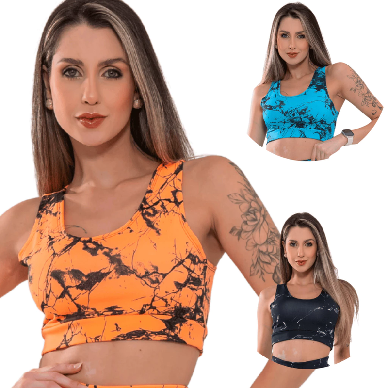 Kit 3 Top Feminino Marmorizado Sem Bojo para Treino e Academia