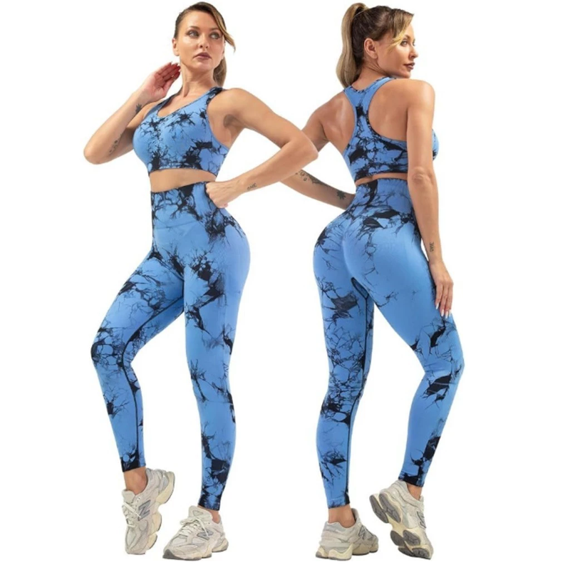Conjunto Fitness Feminino Top e Legging Marmorizado Cintura Alta Tie Dye
