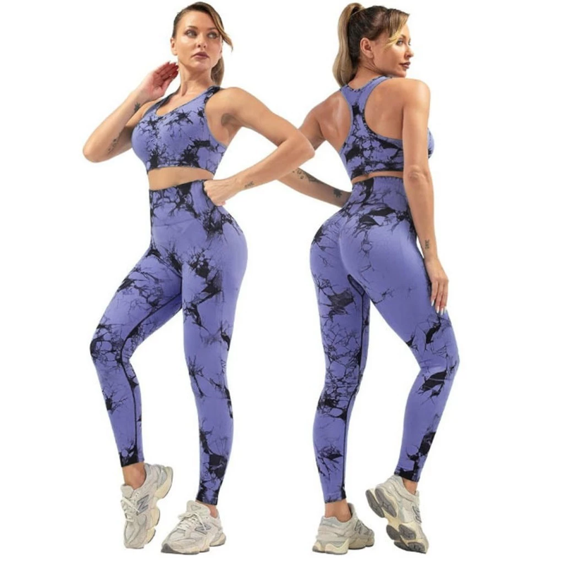 Conjunto Fitness Feminino Top e Legging Marmorizado Cintura Alta Tie Dye