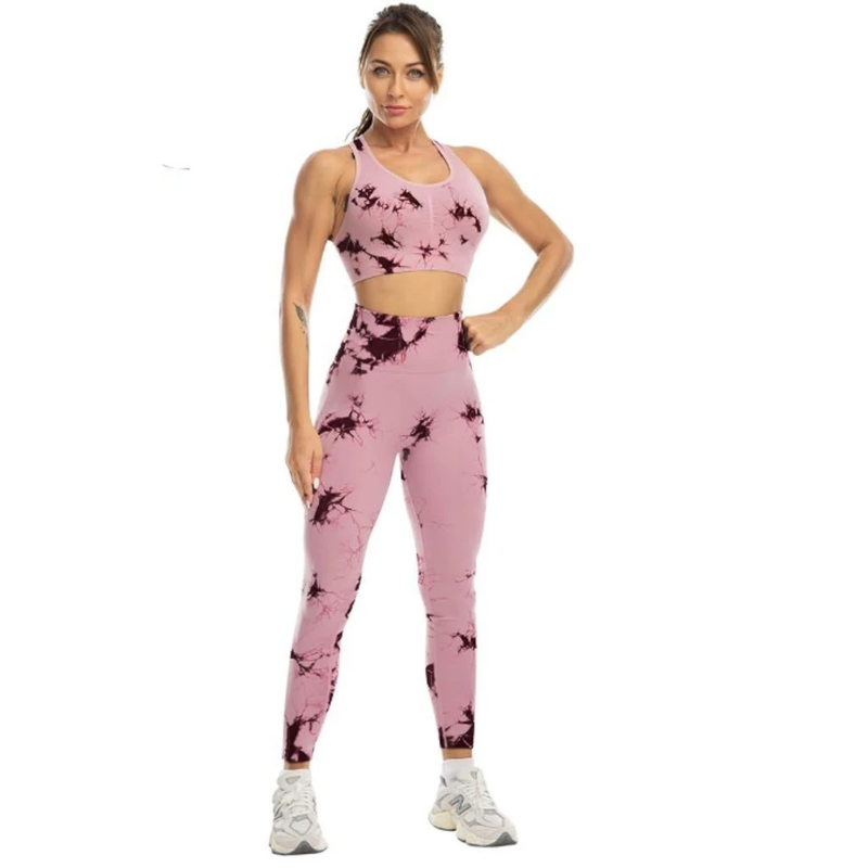 Conjunto Fitness Feminino Top e Legging Marmorizado Cintura Alta Tie Dye