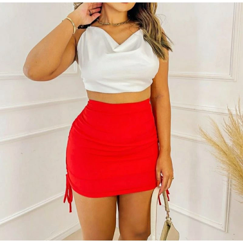Saia Curta Drapeada Na Lateral Franzida Ajustável Moda Femenina