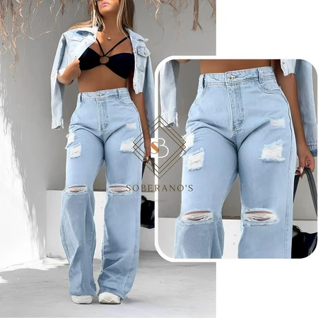 Calça Jeans Feminina Wide Leg rasgada pantalona