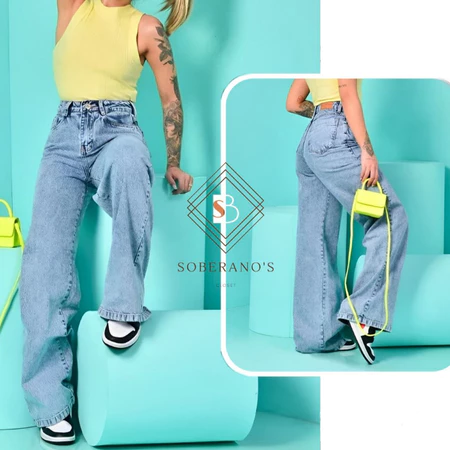 Calça Jeans Feminina Wide Leg rasgada pantalona