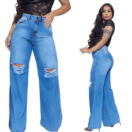 Calça Jeans Feminina Wide Leg rasgada pantalona