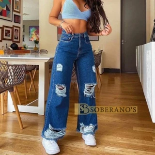 Calça Jeans Feminina Wide Leg rasgada pantalona