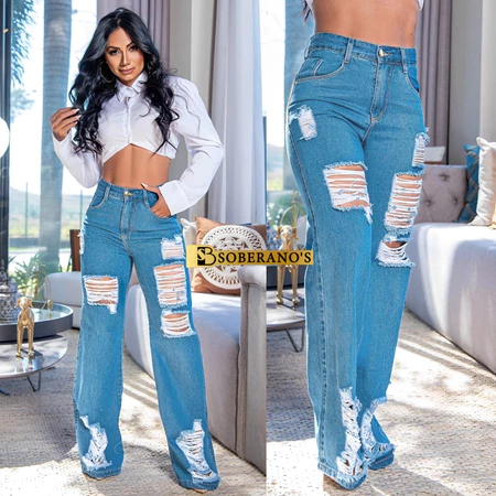Calça Jeans Feminina Wide Leg rasgada pantalona