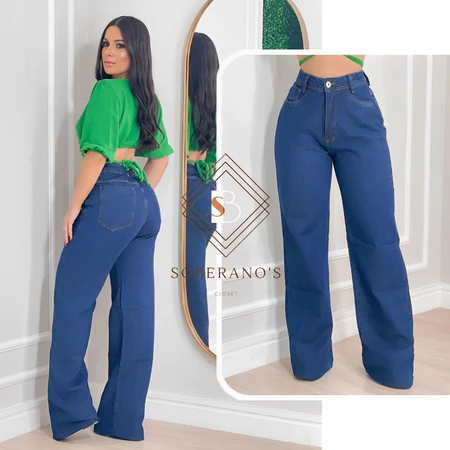 Calça Jeans Feminina Wide Leg rasgada pantalona